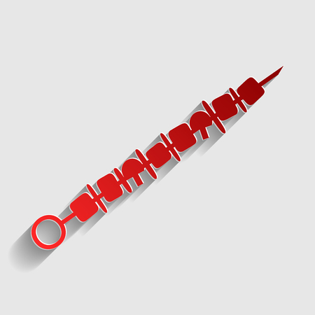 Shish kebab on skewers sign. Red paper style icon with shadow on gray.のイラスト素材