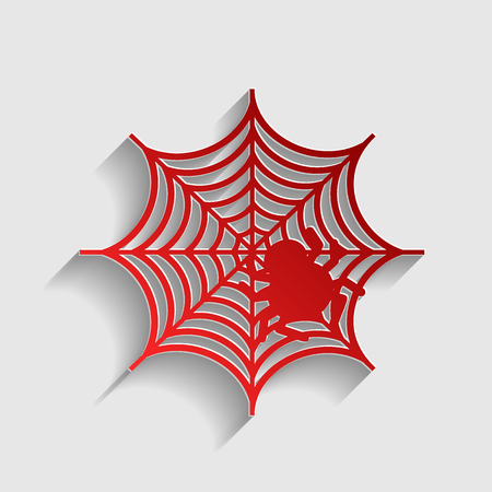 Spider on web illustration. Red paper style icon with shadow on gray.のイラスト素材