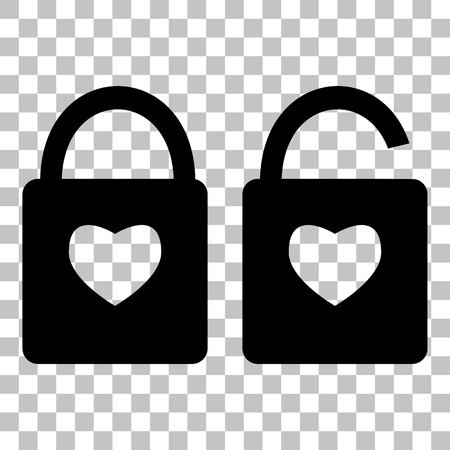lock sign with heart shape. A simple silhouette of the lock. Shape of a heart. Flat style black icon on transparent background.のイラスト素材