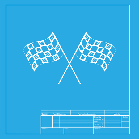 Crossed checkered flags logo waving in the wind conceptual of motor sport. White section of icon on blueprint template.のイラスト素材