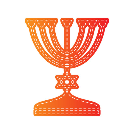 Jewish Menorah candlestick in black silhouette. Orange applique isolated.のイラスト素材