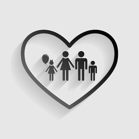 Family sign illustration in heart shape. Black paper with shadow on gray background.のイラスト素材