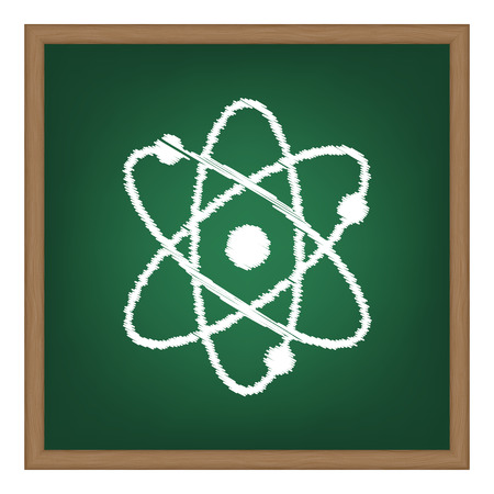 Atom sign illustration. White chalk effect on green school board.のイラスト素材