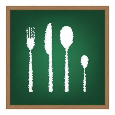 Fork spoon and knife sign. White chalk effect on green school board.のイラスト素材