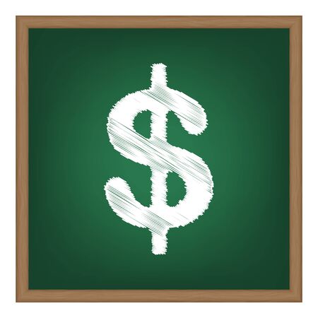 Dollars sign illustration. USD currency symbol. Money label. White chalk effect on green school board.のイラスト素材
