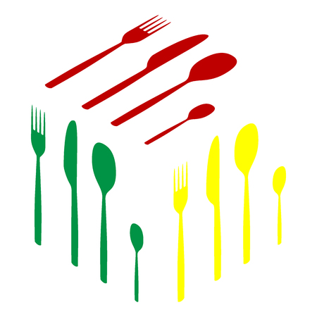 Fork spoon and knife sign. Isometric style of red, green and yellow icon.のイラスト素材