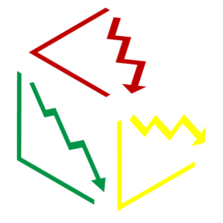 Arrow pointing downwards showing crisis. Isometric style of red, green and yellow icon.のイラスト素材