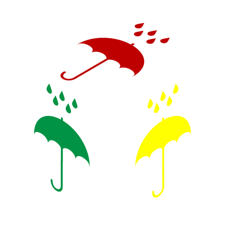 Umbrella with water drops. Rain protection symbol. Flat design style. Isometric style of red, green and yellow icon.のイラスト素材