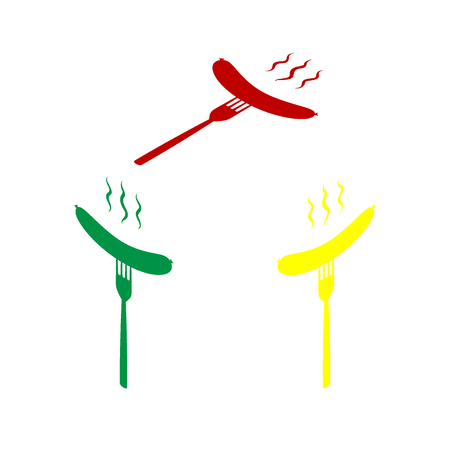Sausage on fork sign. Isometric style of red, green and yellow icon.のイラスト素材