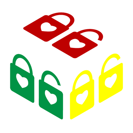 lock sign with heart shape. A simple silhouette of the lock. Shape of a heart. Isometric style of red, green and yellow icon.のイラスト素材