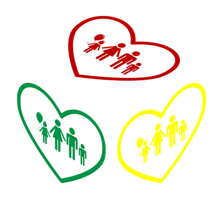 Family sign illustration in heart shape. Isometric style of red, green and yellow icon.のイラスト素材