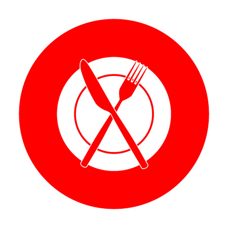 Fork, tape and Knife sign. White icon on red circle.のイラスト素材