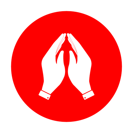 Hand icon illustration. Prayer symbol. White icon on red circle.のイラスト素材