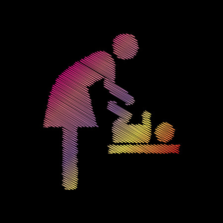 Symbol for women and baby, baby changing. Coloful chalk effect on black backgound.のイラスト素材