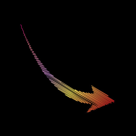Declining arrow sign. Coloful chalk effect on black backgound.