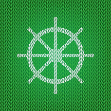 Ship wheel sign. white icon on the green knitwear or woolen cloth texture.のイラスト素材