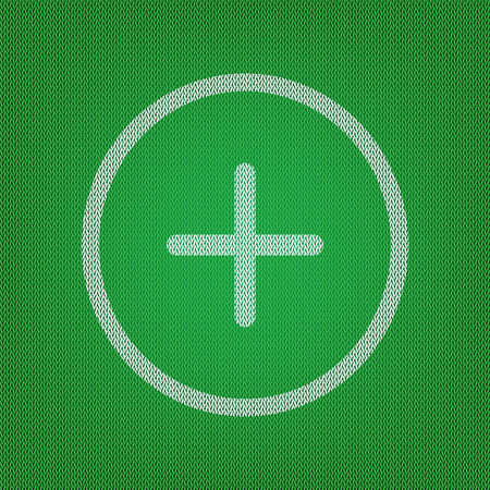 Positive symbol plus sign. white icon on the green knitwear or woolen cloth texture.のイラスト素材