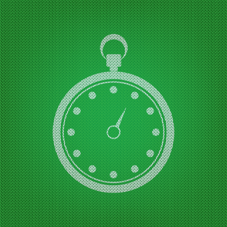 Stopwatch sign illustration. white icon on the green knitwear or woolen cloth texture.のイラスト素材