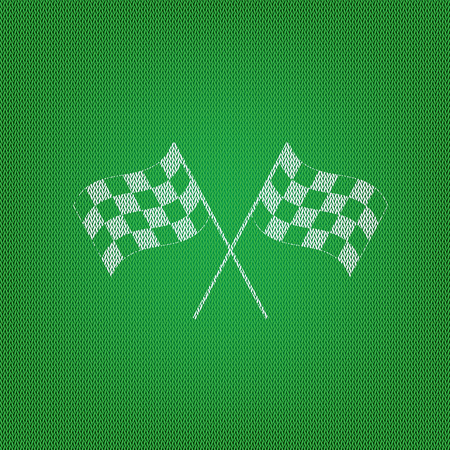 Crossed checkered flags logo waving in the wind conceptual of motor sport. white icon on the green knitwear or woolen cloth texture.のイラスト素材