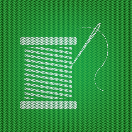 Thread with needle sign illustration. white icon on the green knitwear or woolen cloth texture.のイラスト素材