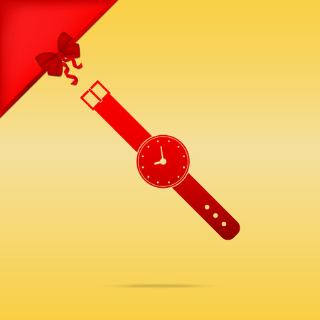 Watch sign illustration. Cristmas design red icon on gold background.のイラスト素材