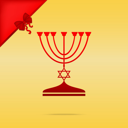 Jewish Menorah candlestick in black silhouette. Cristmas design red icon on gold background.のイラスト素材
