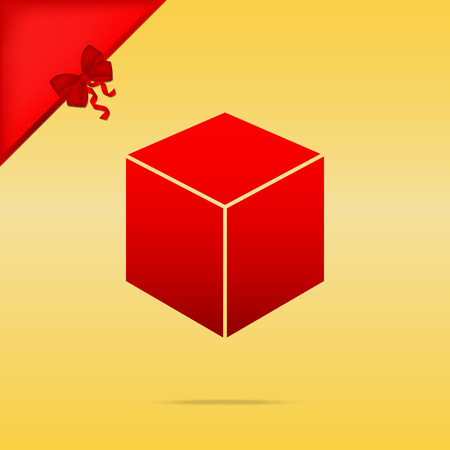 Cube sign illustration. Cristmas design red icon on gold background.のイラスト素材