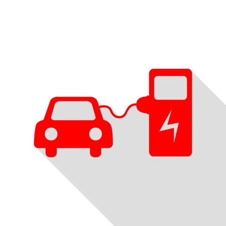 Electric car battery charging sign. Red icon with flat style shadow path.のイラスト素材