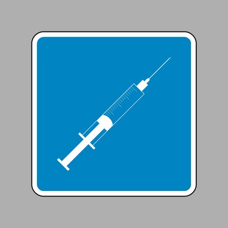 Syringe sign illustration. White icon on blue sign as background.のイラスト素材