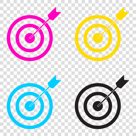 Target with dart. CMYK icons on transparent background. Cyan, magenta, yellow, key, black.のイラスト素材