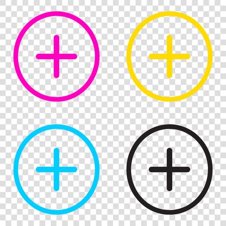 Positive symbol plus sign. CMYK icons on transparent background. Cyan, magenta, yellow, key, black.のイラスト素材
