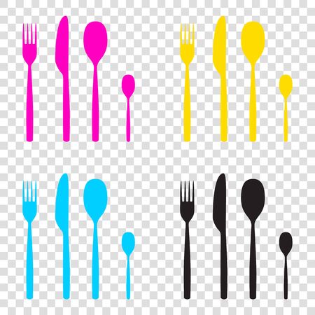 Fork spoon and knife sign. CMYK icons on transparent background. Cyan, magenta, yellow, key, black.のイラスト素材