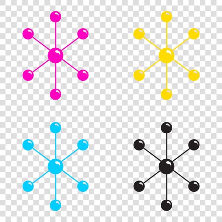 Molecule sign illustration. CMYK icons on transparent background. Cyan, magenta, yellow, key, black.のイラスト素材