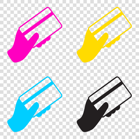 Hand holding a credit card. CMYK icons on transparent background. Cyan, magenta, yellow, key, black.のイラスト素材