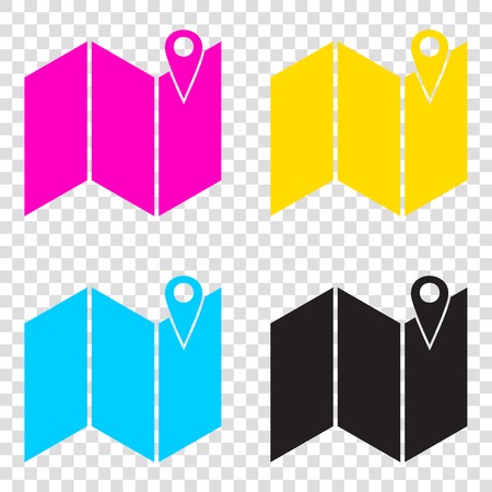 Pin on the map. CMYK icons on transparent background. Cyan, magenta, yellow, key, black.のイラスト素材