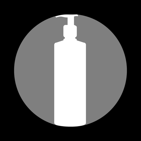 Gel, Foam Or Liquid Soap. Dispenser Pump Plastic Bottle silhouette. White icon in gray circle at black background. Circumscribed circle. Circumcircle.のイラスト素材