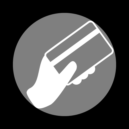 Hand holding a credit card. White icon in gray circle at black background. Circumscribed circle. Circumcircle.のイラスト素材