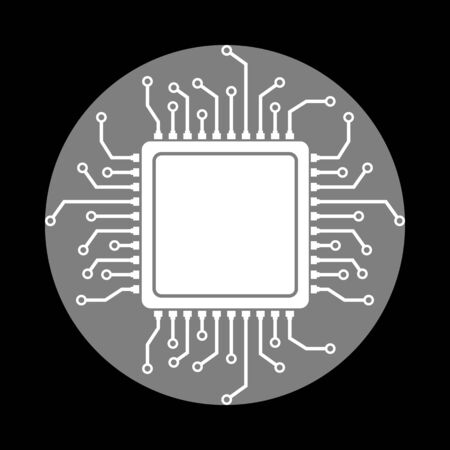 CPU Microprocessor illustration. White icon in gray circle at black background. Circumscribed circle. Circumcircle.のイラスト素材