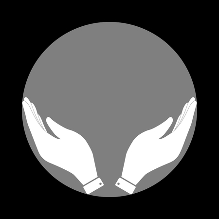 Hand icon illustration. Prayer symbol. White icon in gray circle at black background. Circumscribed circle. Circumcircle.のイラスト素材