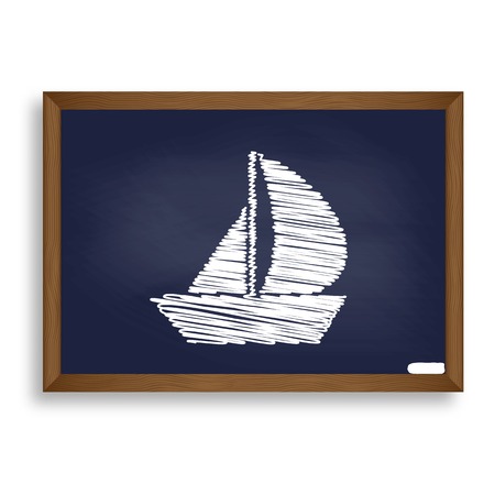 Sail Boat sign. White chalk icon on blue school board with shadow as background. Isolated.のイラスト素材