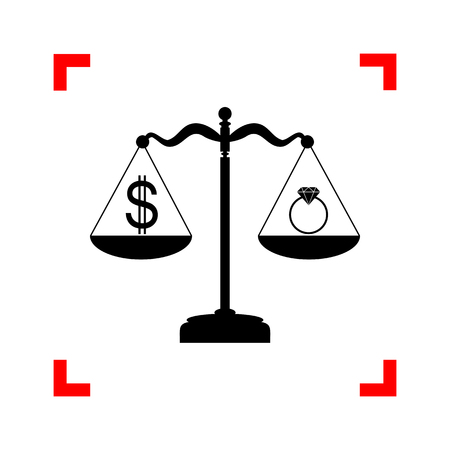 Ring jewelery and dollar symbol on scales. Black icon in focus cのイラスト素材