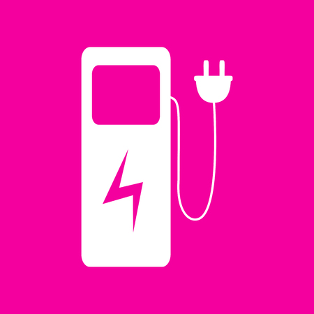 Electric car charging station sign. White icon at magenta background.のイラスト素材