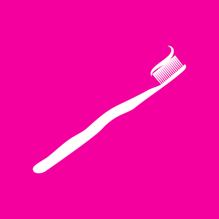 Toothbrush with applied toothpaste portion. White icon at magenta background.のイラスト素材