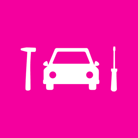 Car tire repair service sign. White icon at magenta background.のイラスト素材