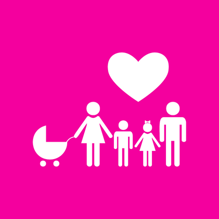 Family sign with heart. Husband and wife are kept children's hands. White icon at magenta background.のイラスト素材