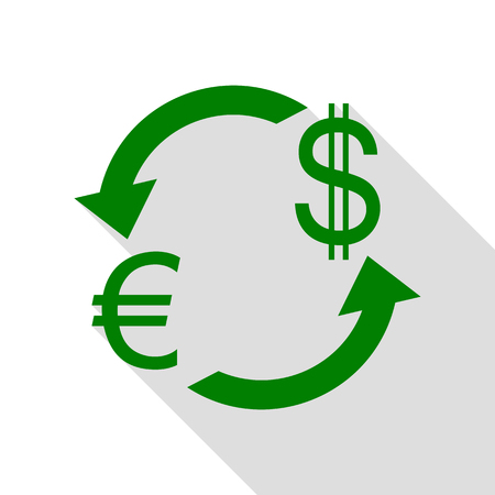 Currency exchange sign. Euro and US Dollar. Green icon with flat style shadow path.のイラスト素材