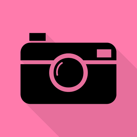 Digital photo camera sign. Black icon with flat style shadow path on pink background.のイラスト素材