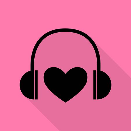 Headphones with heart. Black icon with flat style shadow path on pink background.のイラスト素材