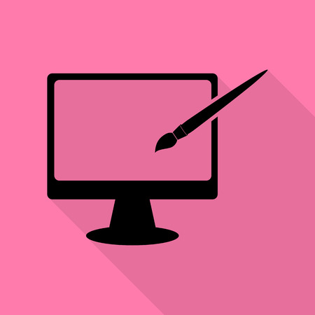 Monitor with brush sign. Black icon with flat style shadow path on pink background.のイラスト素材