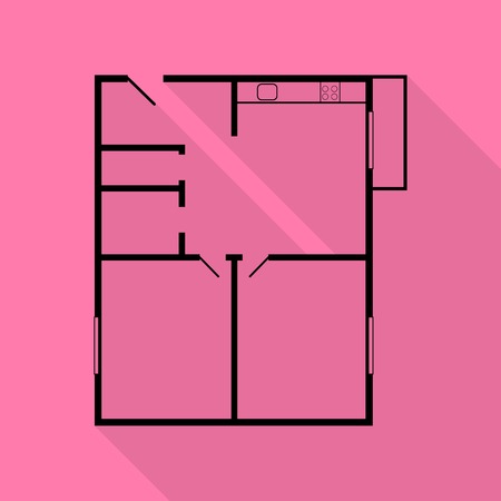Apartment house floor plans. Black icon with flat style shadow path on pink background.のイラスト素材